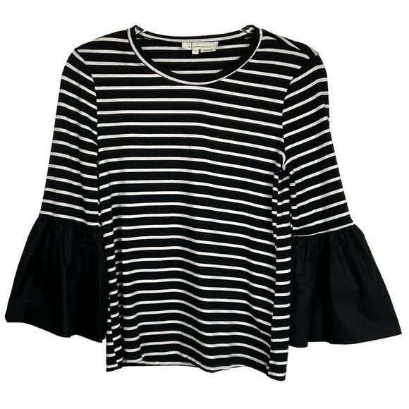 Anthropologie Black White Striped Mixed Media Long Bell Sleeve Top XS - Picture 1 of 5